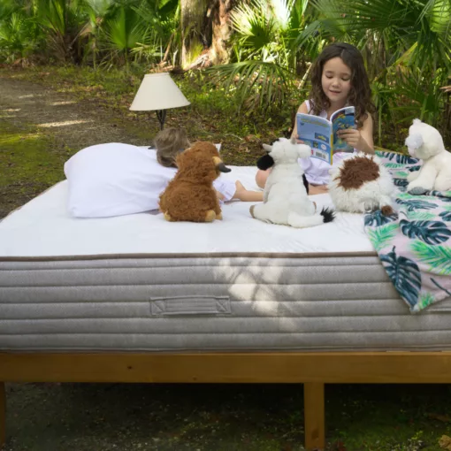 affordable organic bed solapedic eco choice daughter reading to plush animals square large