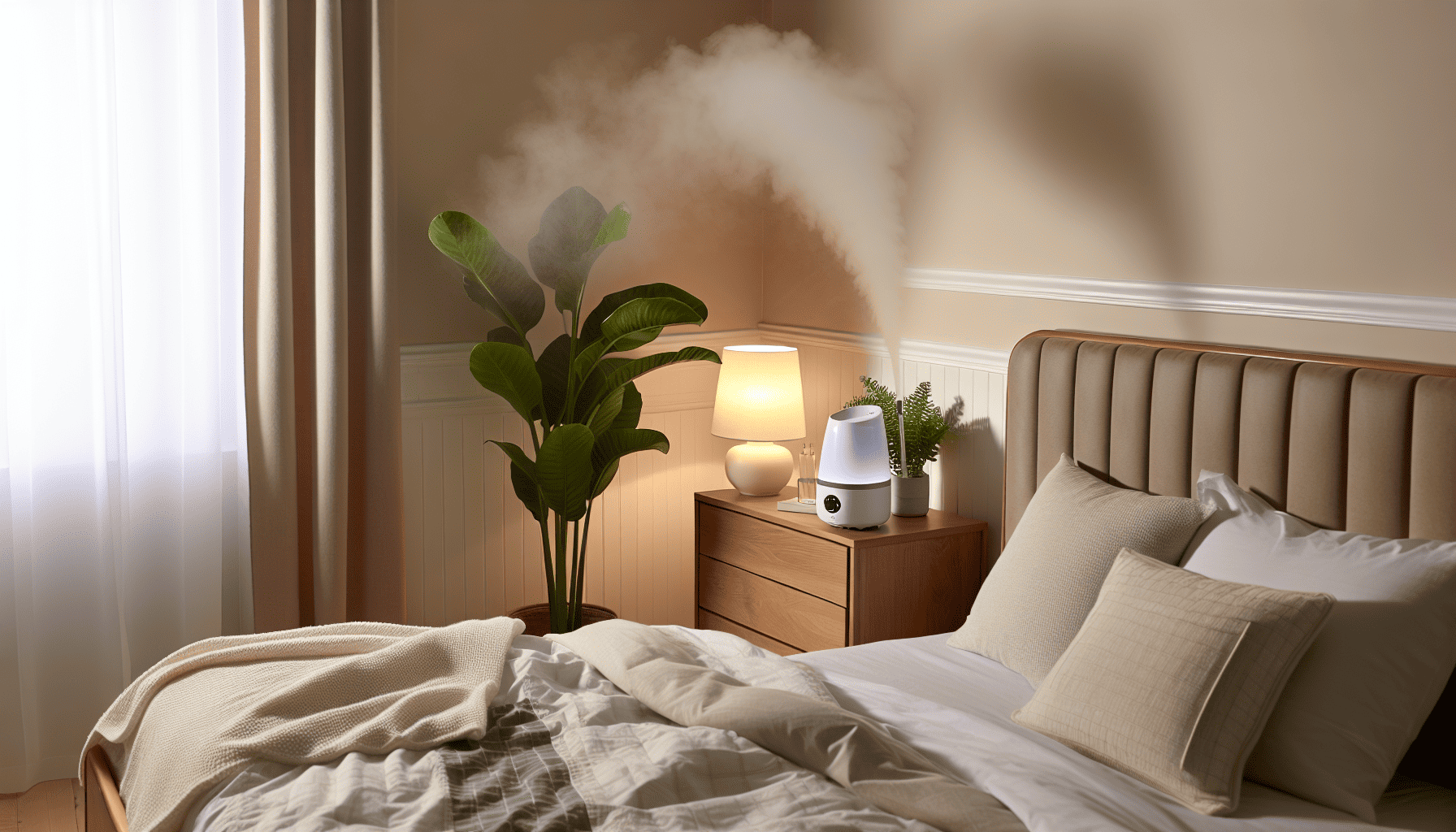 Photo of a person using a humidifier in the bedroom